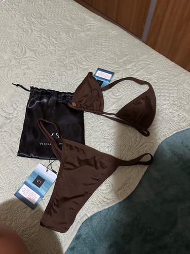 Customer photo review of Calcinha Fita Marrom Coffee