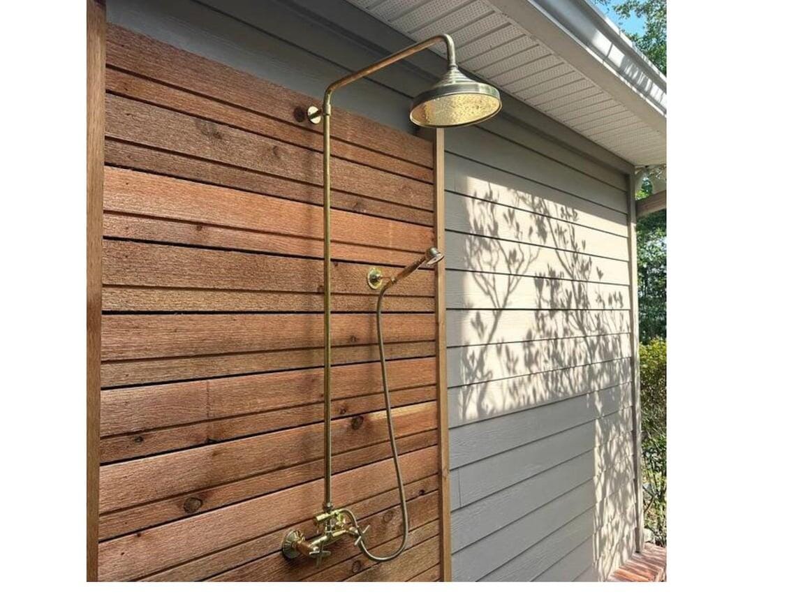 Customer photo review of Unlacquered Brass Shower System with Handheld And Vintage Head Combo, Exposed Pipe