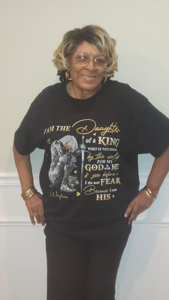 Customer photo review of Personalized God Woman Warrior, I Am The Daughter Of The King, Do Not Fear Because I Am His T-Shirt