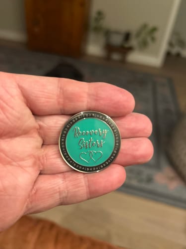 Customer photo review of Recovery Sisters - Never Alone AA/NA Affirmation Sobriety Medallion - Aqua/Black