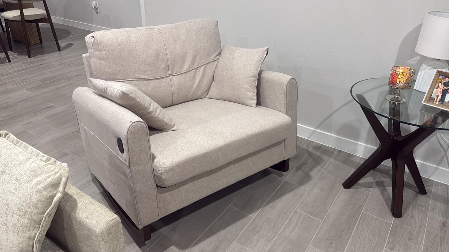 Customer photo review of Homrest Upholstered Oversize Rocking Chair with Side Pocket USB Port, Beige