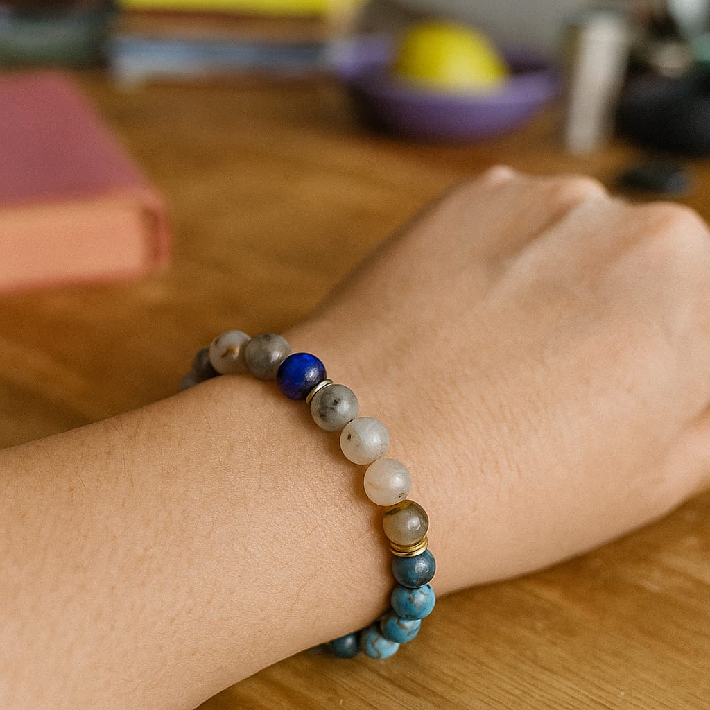Customer photo review of Gemini Zodiac Healing Bracelet 8mm — Apatite & Rutilated Quartz for Clarity