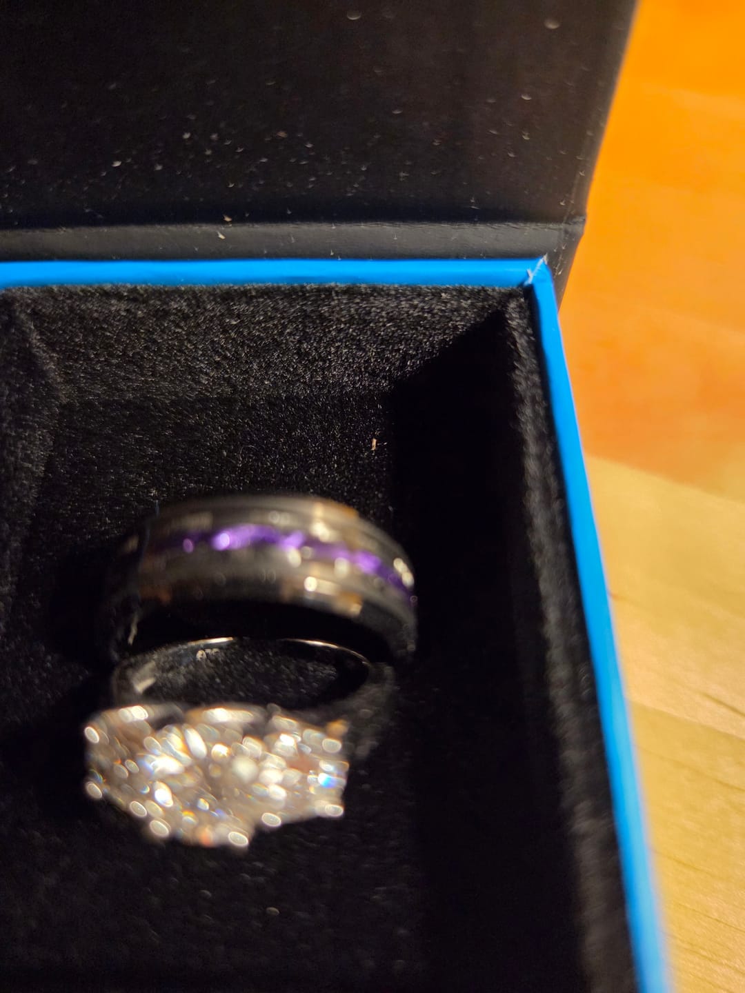 Customer photo review of 8mm - Tungsten Gunmetal wedding Rings, Carbon Fiber W/ Purple Wood Wedding Band