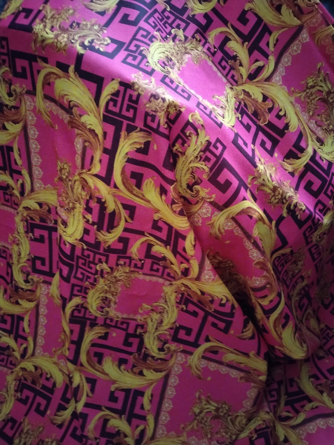 Customer photo review of Baroque Pink & Gold Fabric – Luxury Ornate Greek Key Print by the Metre