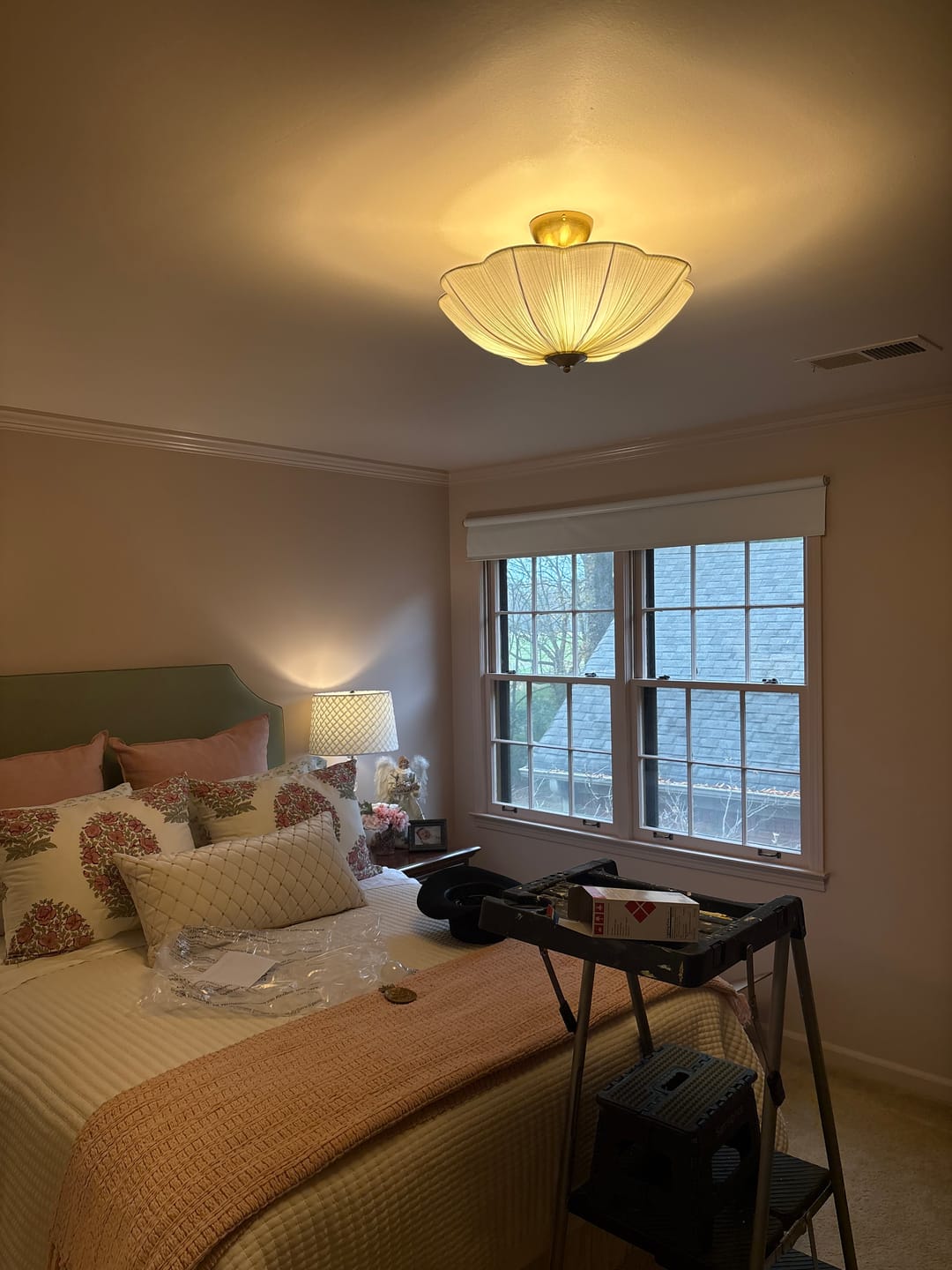 Customer photo review of Boho Pleated Flower White Fabric Semi Flush Mount