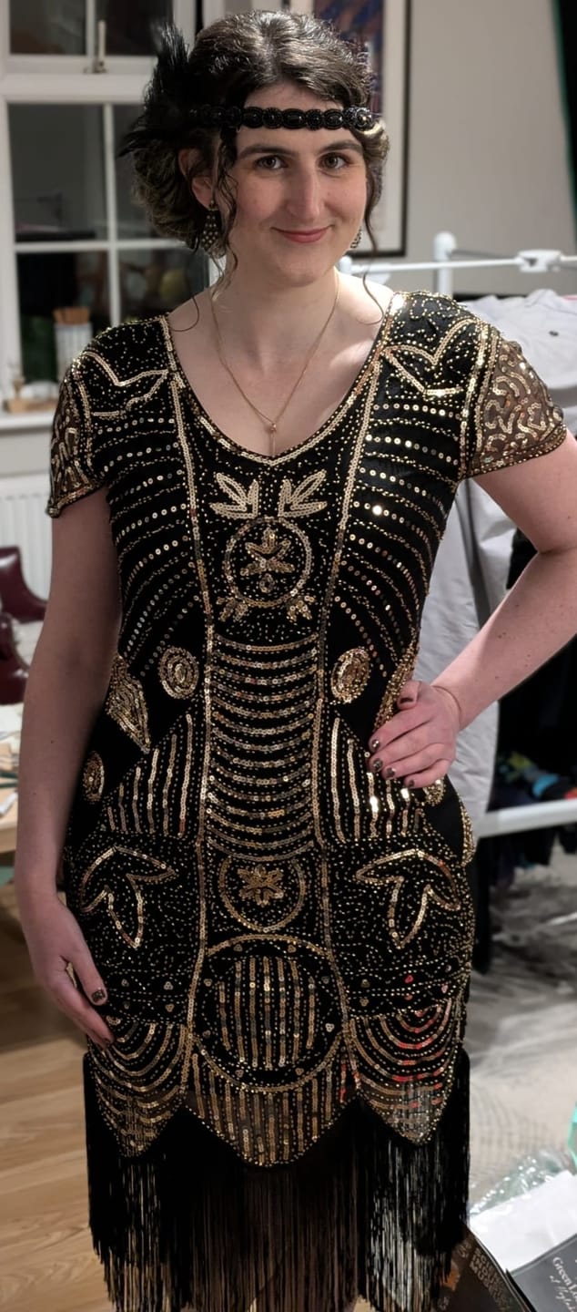 Customer photo review of 1920s Black & Gold Sequin Eva Gatsby Dress