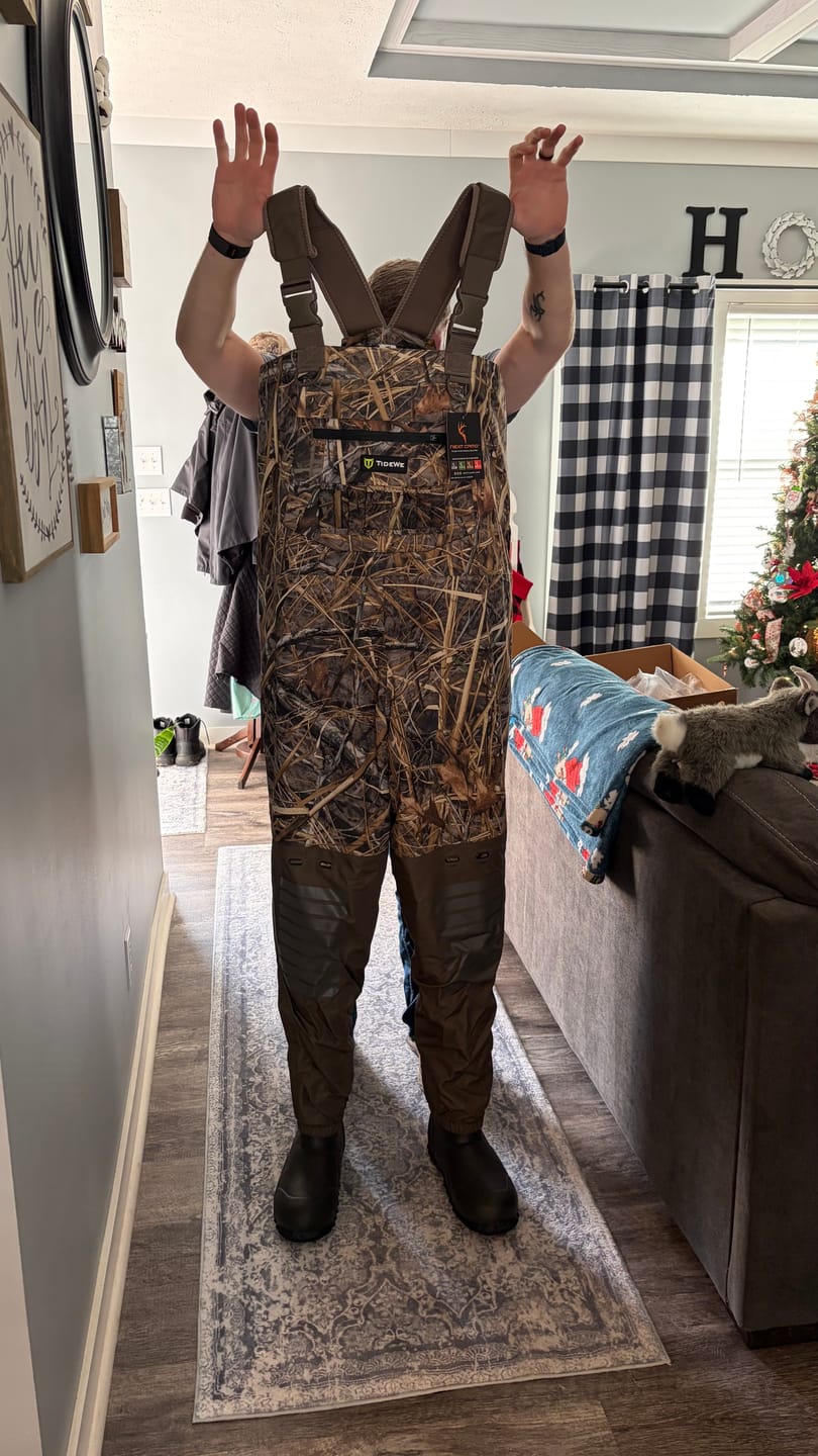 Customer photo review of AquaWade Pro Insulated Waders | 1600 Gram Breathable Waterproof Bootfoot Chest Waders for Duck Hunting | Durable Men’s Nylon Camo Hunting Bibs