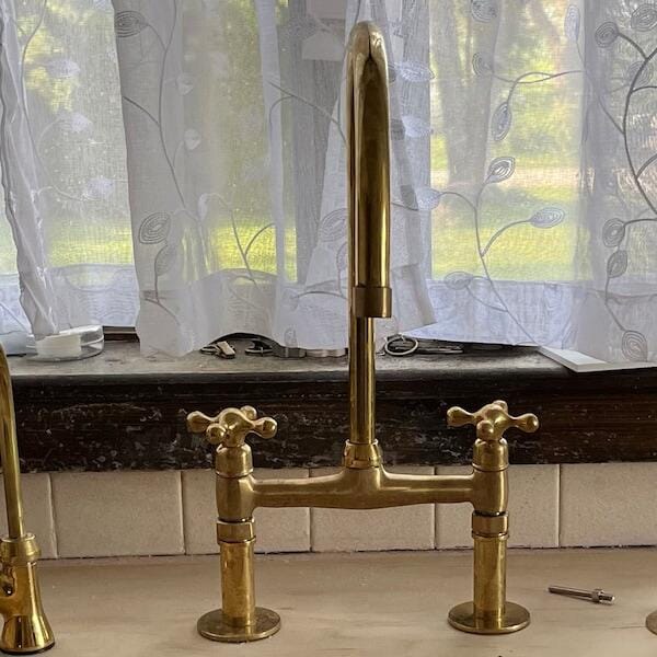 Customer photo review of Unlacquered Brass Bridge Kitchen Faucet