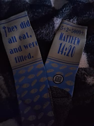 Customer photo review of Loaves and Fishes - Bible Verse Crew Socks