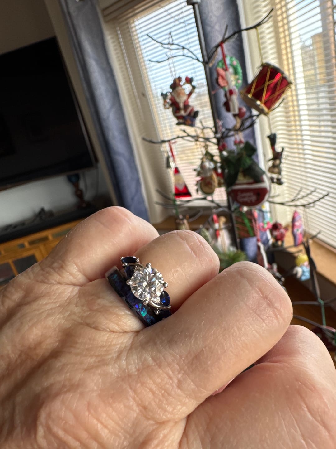 Customer photo review of Round Moissanite Curved Vine Sapphire Accents Pave Engagement Ring