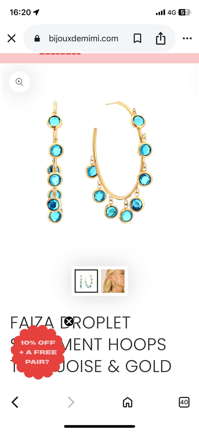 Customer photo review of Faiza Droplet Statement Hoops Turquoise & Gold