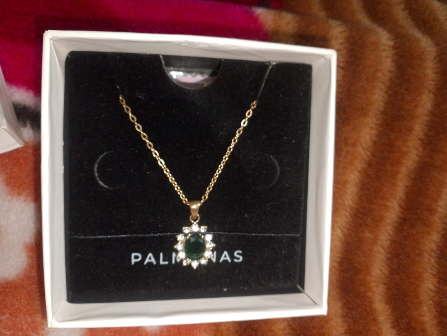 Customer photo review of Green Sapphire and Diamond Halo Pendant