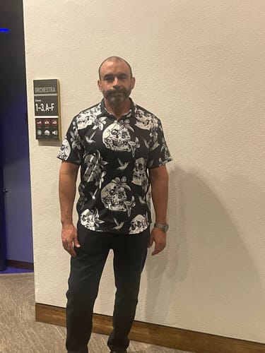 Customer photo review of Men's Skull Cool Graphic Button Up Short Sleeve Punk Rock Art Shirt