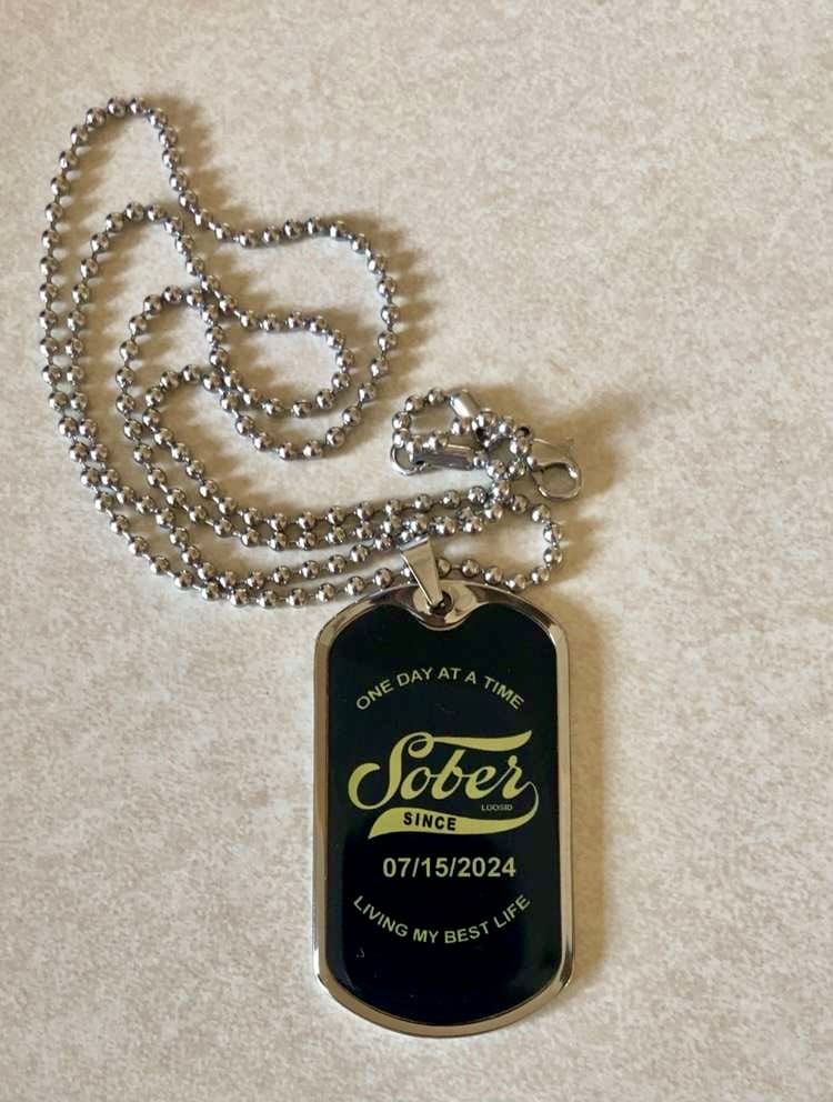 Customer photo review of Sobriety Gift | Loosid Clean Since Dog Tag with Personalized Date