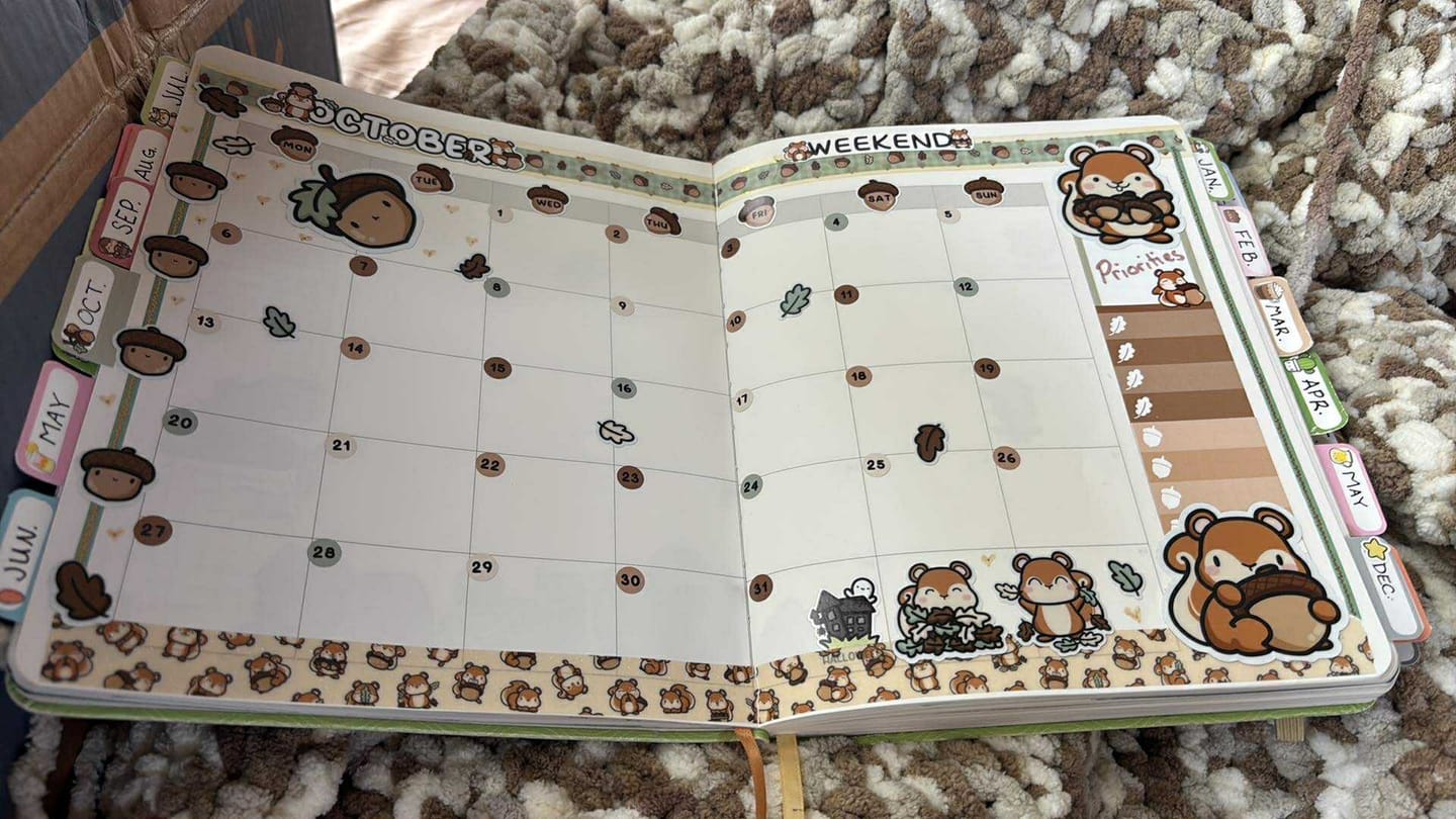 Customer photo review of Sticker Sheet - Gratitude Prompts Squirrelly Acorn Theme