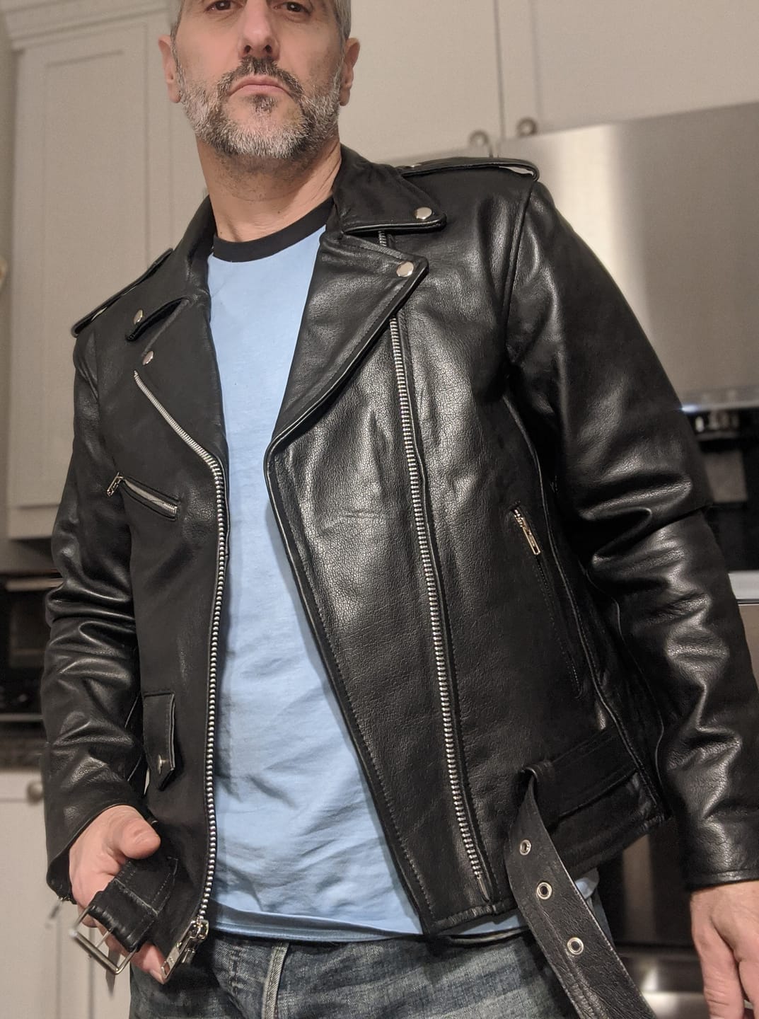Customer photo review of "Perfect" Biker Style Classic Black Premium Heavy Leather Jacket