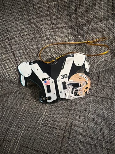Customer photo review of American Football Shoulder Pads and Helmet Personalized Ornament