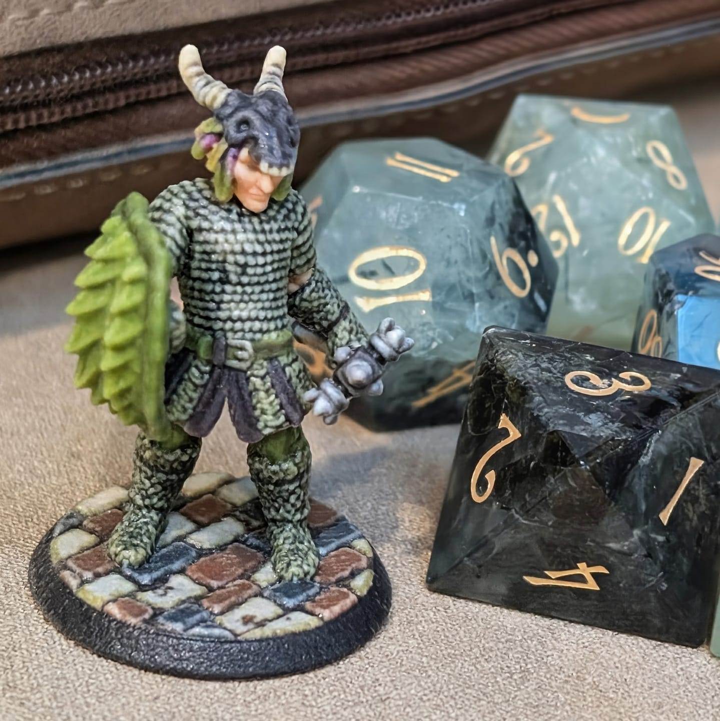 Customer photo review of URWizards D&D Prehnite Gemstone Engraved Dice Set(Limited edition)