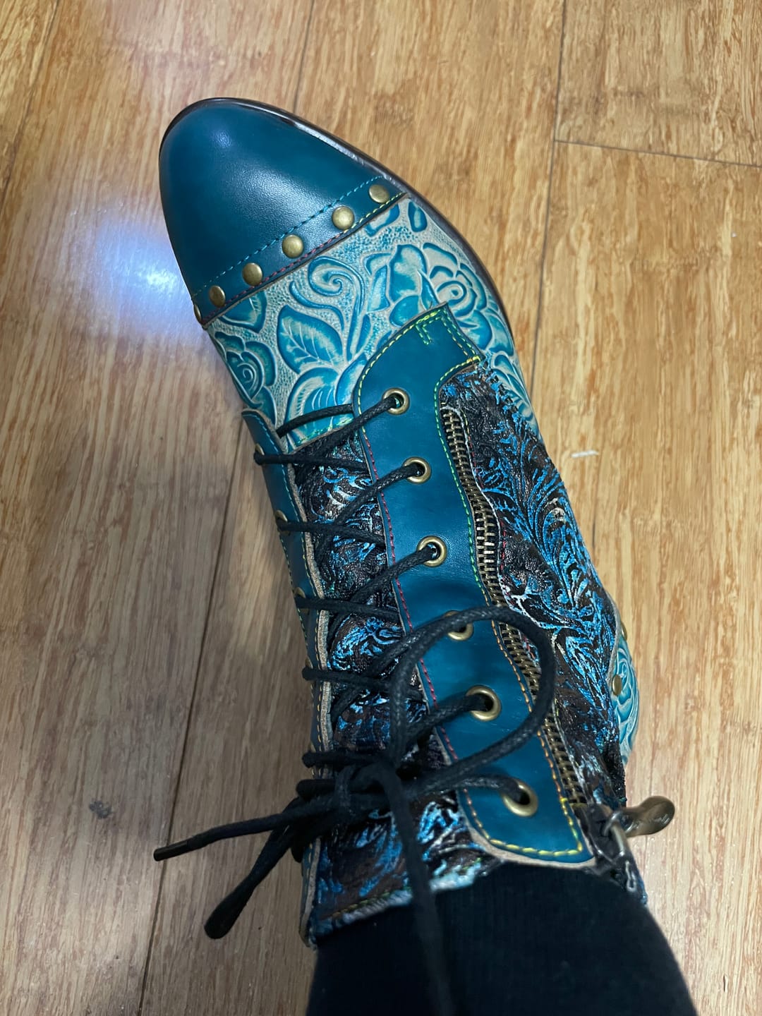 Customer photo review of Retro Handmade Leather Patchwork Ankle Boots