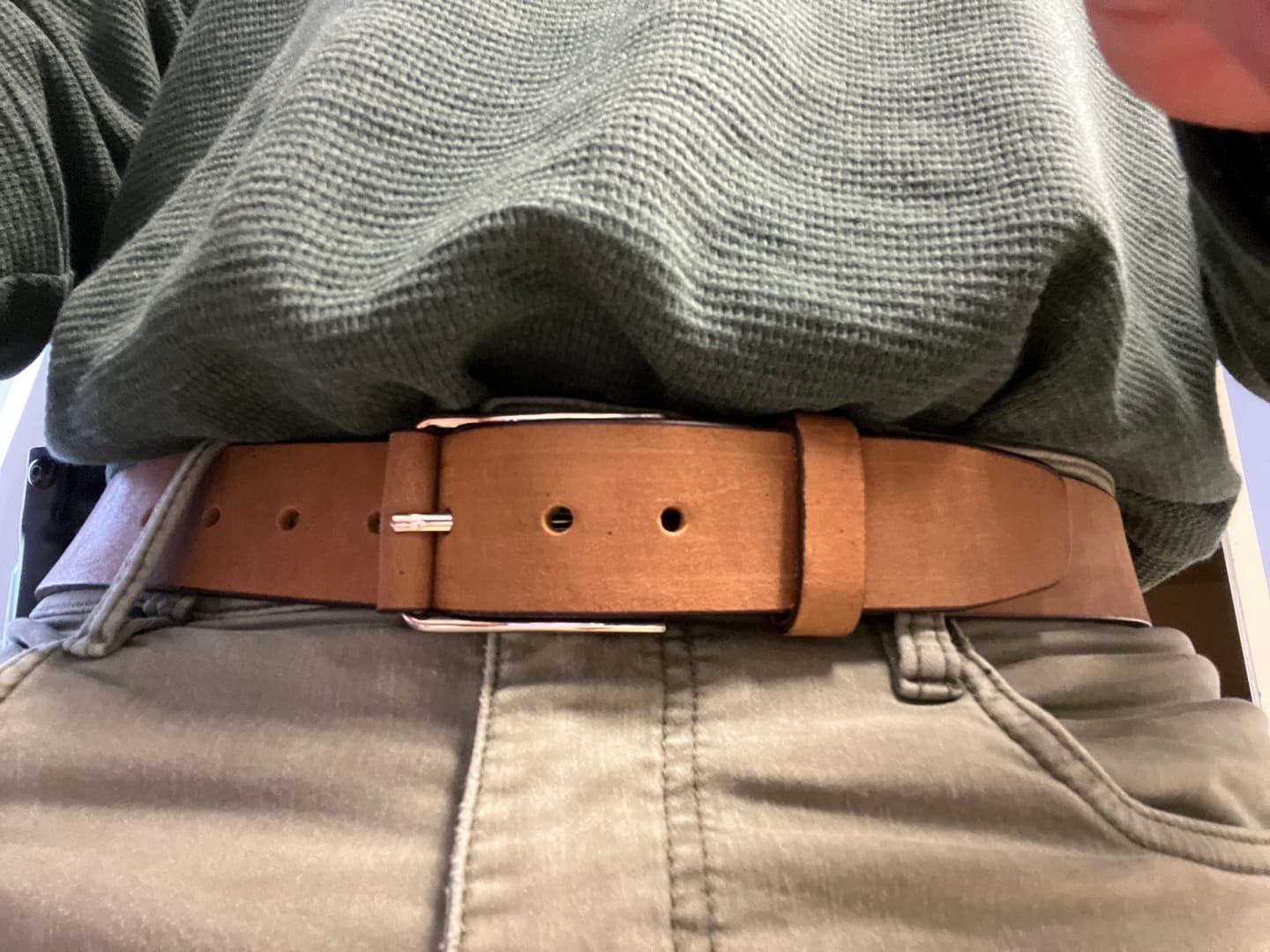 Customer photo review of The Spartan Belt - Tan Leather Belt With Leather Wrapped Buckle