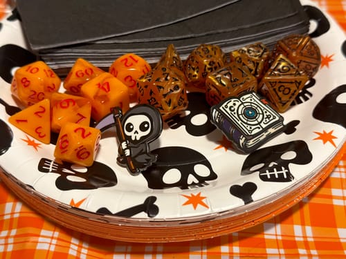 Customer photo review of Fright Night Mystery Dice – Spooky dice, pins and stickers!