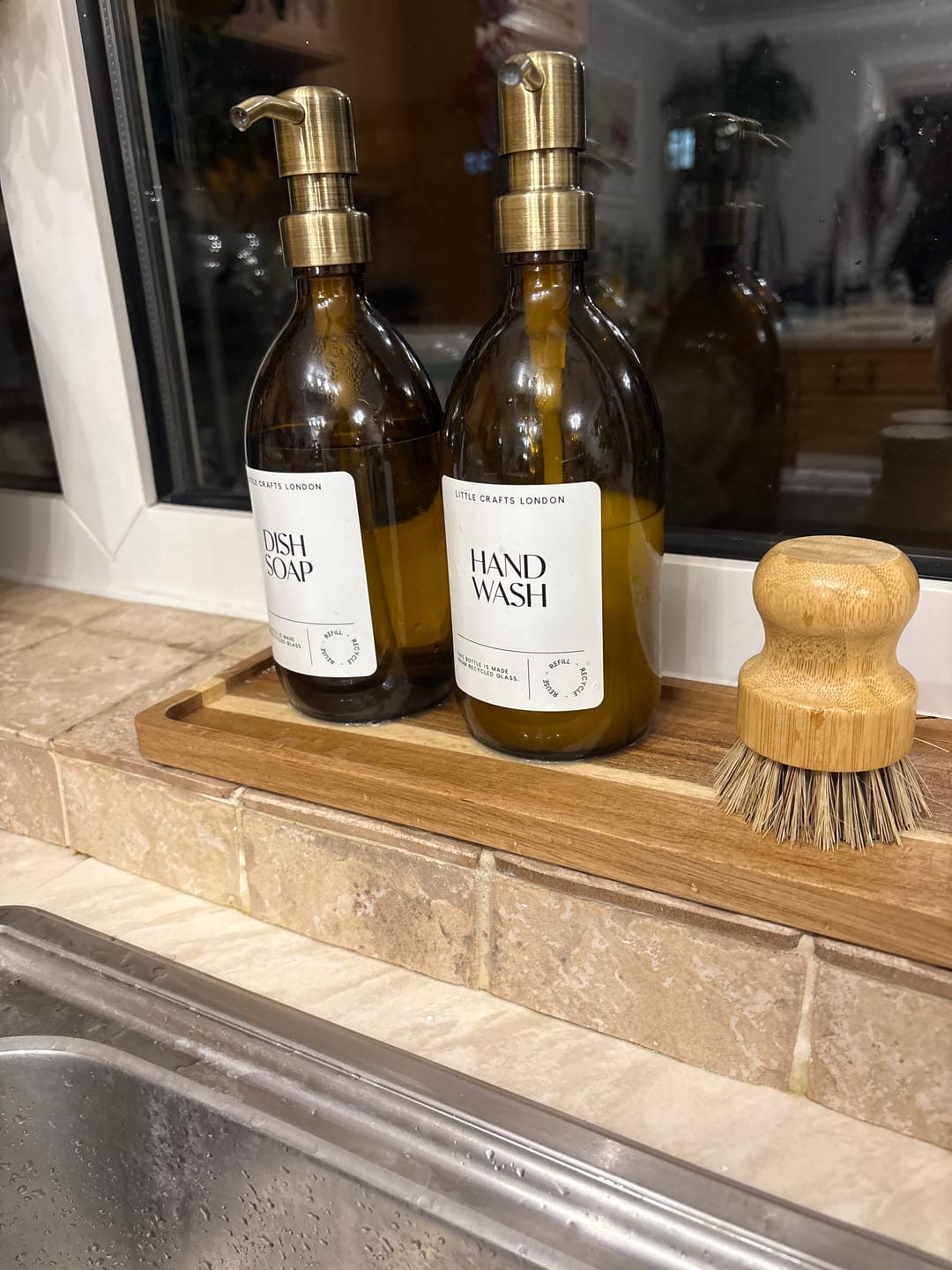 Customer photo review of Set of 2 Amber Glass Bottles 500 ML Long tray & Dish Brush