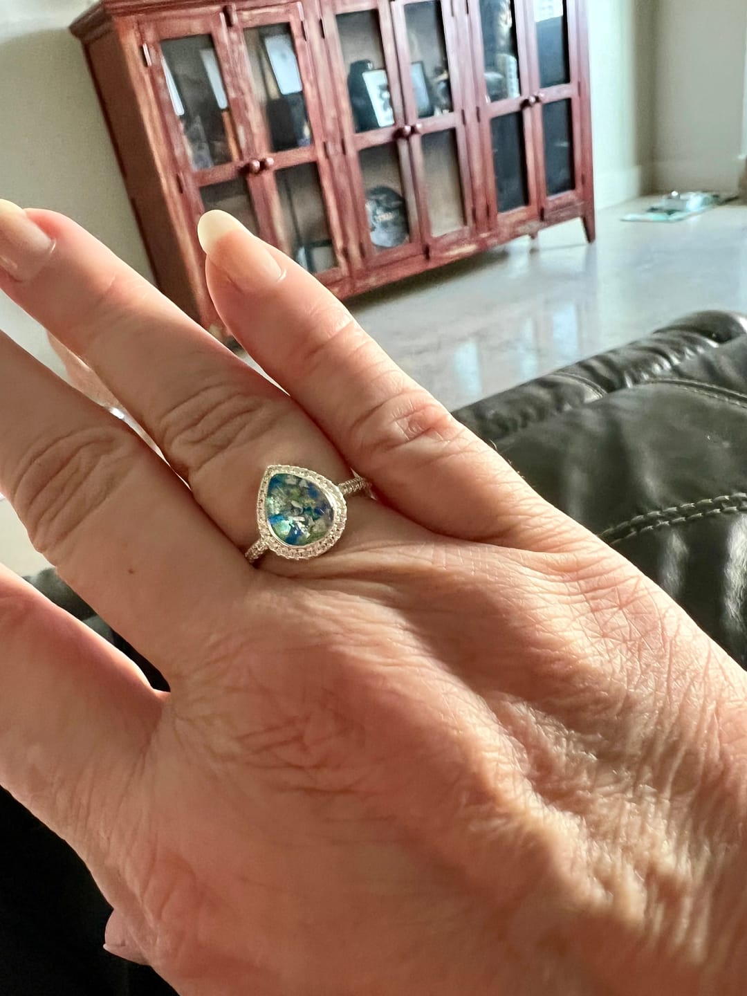 Customer photo review of Bedazzled Pear Opal Ring with Cremation Ashes