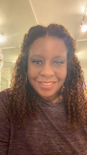 Customer photo review of CurlyMe Layered Ombre Brown Pre-Styled Curly Bob Kinky Curly Wig Pre-Cut 7x5 Glueless Wig
