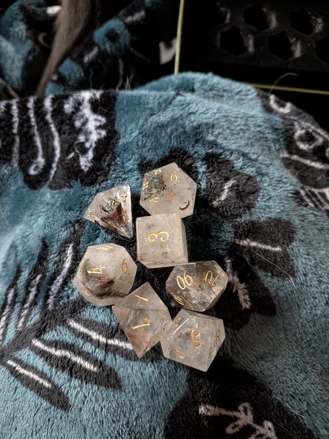 Customer photo review of URWizards D&D Phantom Quartz Gemstone Engraved Dice Set(Limited edition)