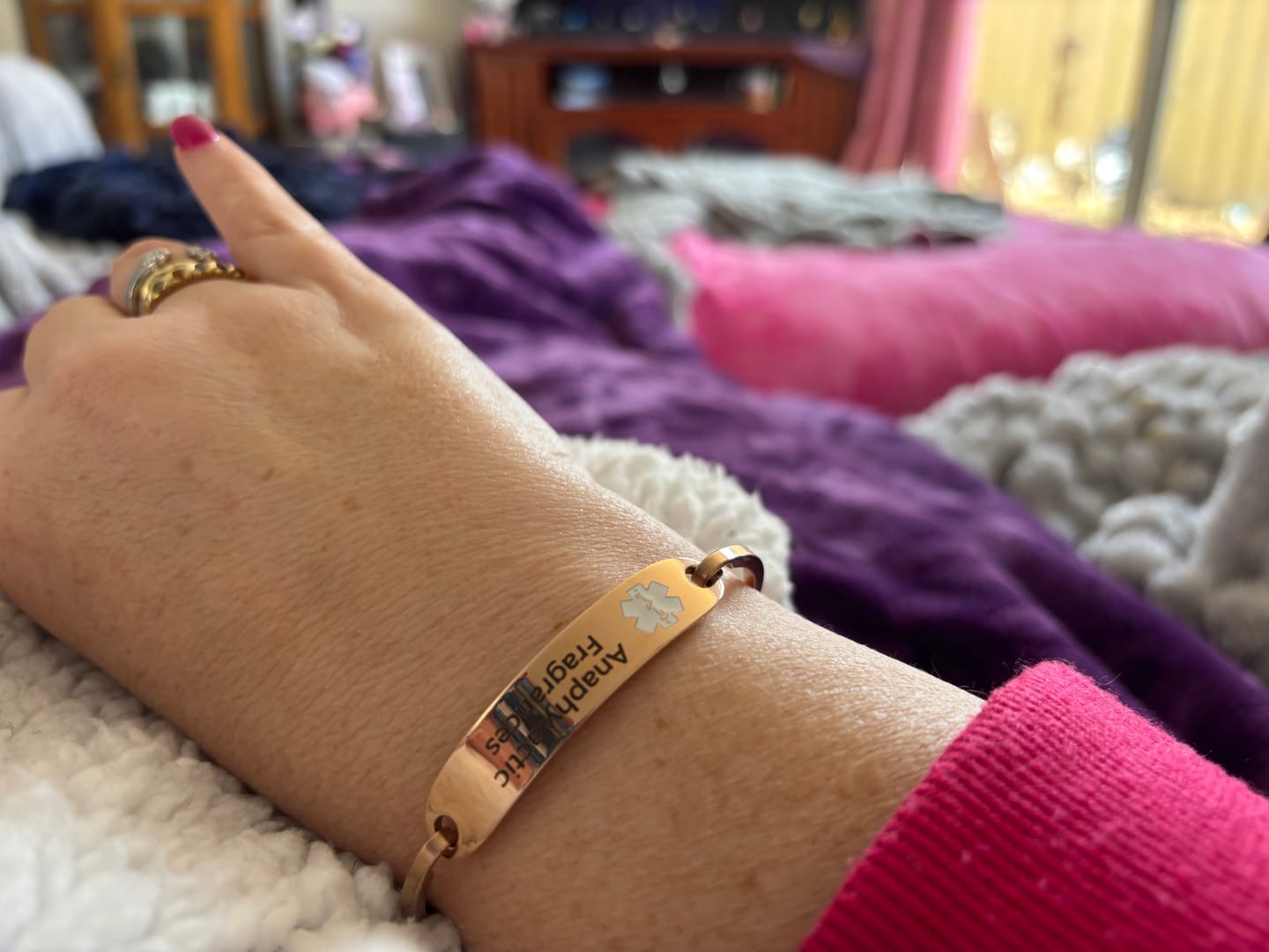 Customer photo review of Personalised Rose Gold Medical Alert ID Bangle Bracelet