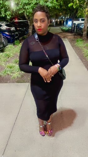 Customer photo review of Taima High Neck Sheer Pointelle Midi Dress - Black