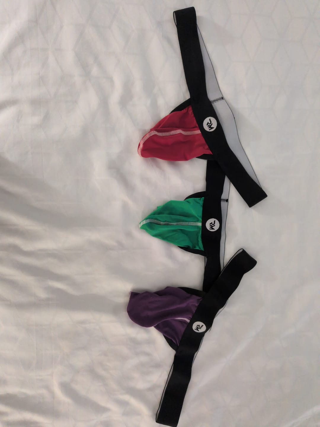 Customer photo review of Nylon 0in Strapless Jocks No Fly 3pk Red/Green/Purple