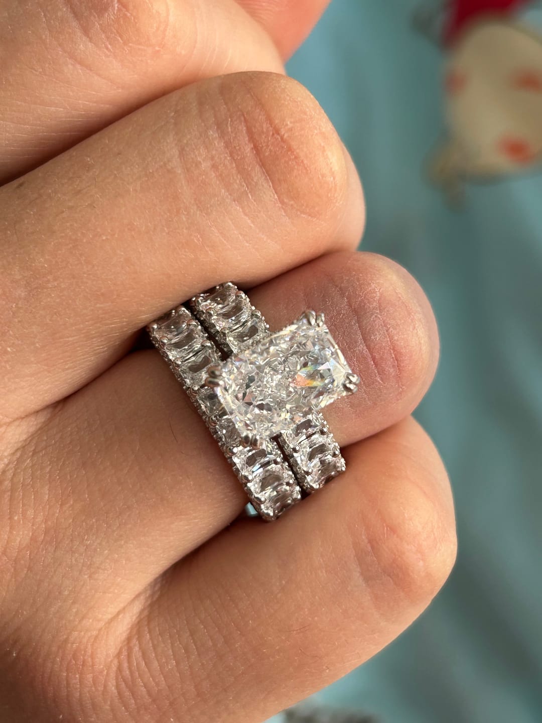Customer photo review of Glistening-hued Radiant Cut 5.0ct Pave 925 Sterling Silver Wedding Ring Set