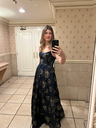 Laurel M. review of Nyla Navy Jacquard Gown by Bariano - RENTAL image 1 out of 1