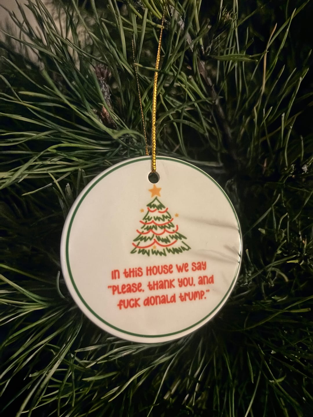 Customer photo review of In This House We Say Please Thank You and FDT Christmas Ornament – Ceramic Holiday Decor