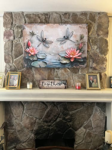 Customer photo review of Rustic Dragonflies On The Pond With Water Lilies Painting Framed Canvas Wall Art