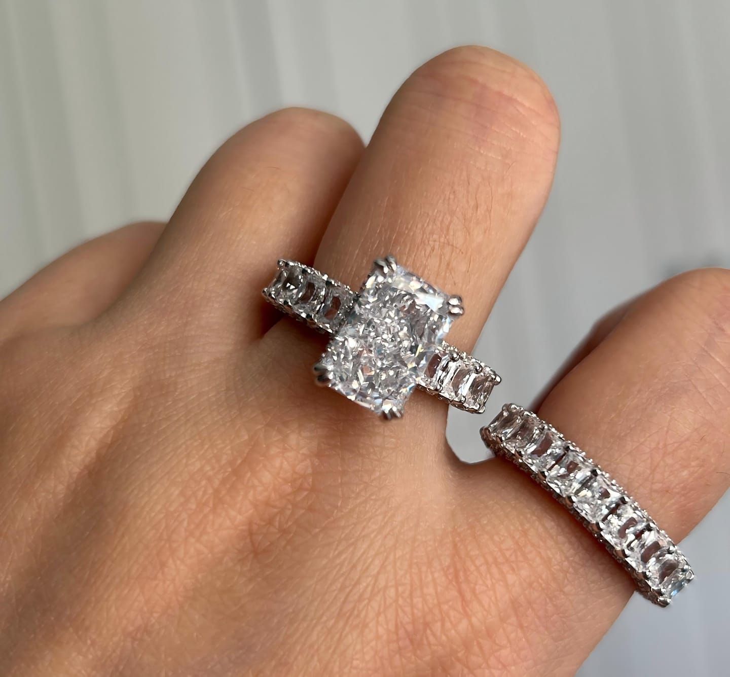 Customer photo review of Glistening-hued Radiant Cut 5.0ct Pave 925 Sterling Silver Wedding Ring Set