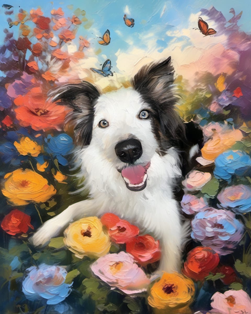 Customer photo review of Monet-style garden oil painting pet portrait