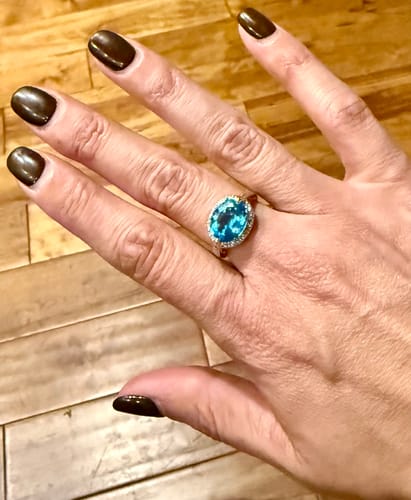Customer photo review of Vintage 10k Yellow Gold 5.06ct Blue Topaz Diamond Haloed Ring 8.00