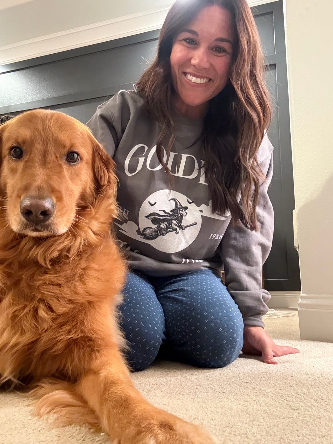 Customer photo review of Golden Retriever Witch Club Sweatshirt
