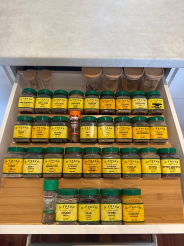Customer photo review of Bamboo Drawer Spice Rack – 8-Tier Organiser Set