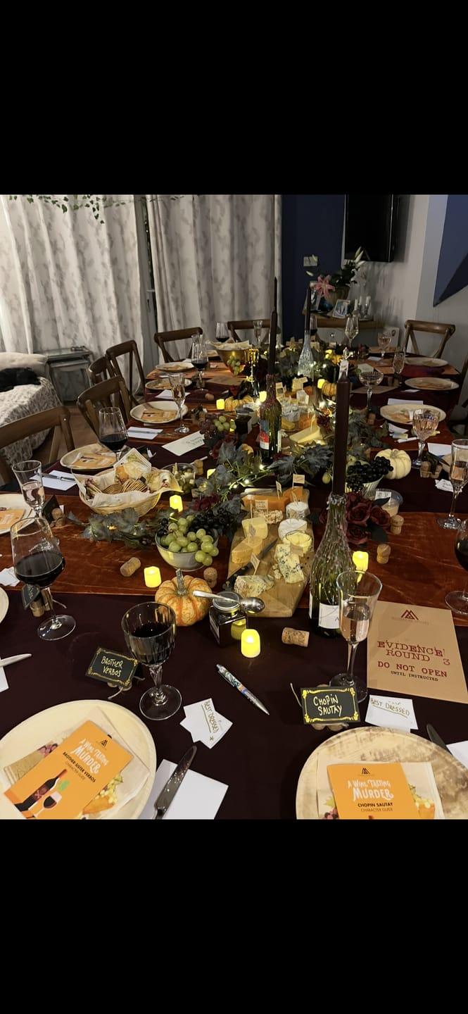 Customer photo review of Replay-able Wine Tasting Murder Mystery Dinner Party Game for Up to 20 Adults – Host Your Own Wine-Themed Game Night – Physical Kit