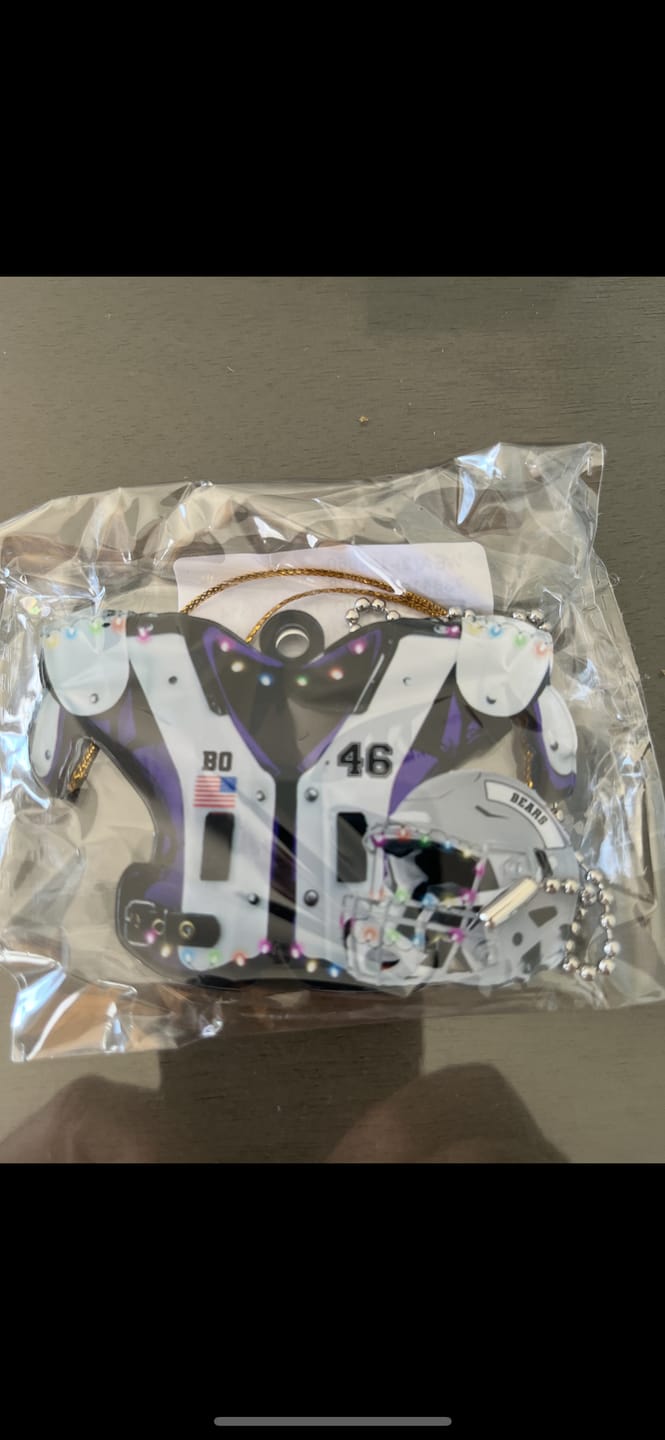 Customer photo review of American Football Shoulder Pads and Helmet Personalized Ornament