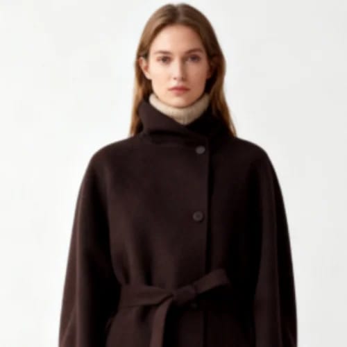 Customer photo review of Meryl Stand Up Collar Belted Long Coat