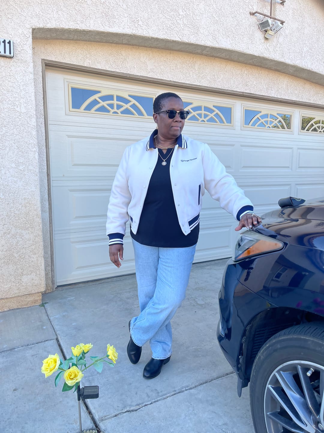 Customer photo review of Marisa Varsity Jacket- Gardenia
