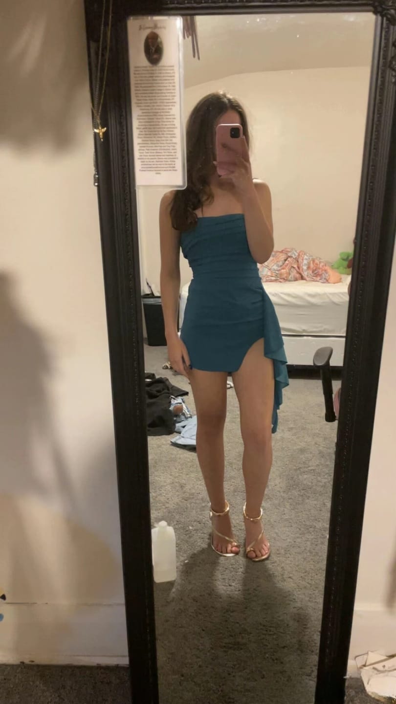 Customer photo review of Strapless Blue Pleated Short Dress with Shawl