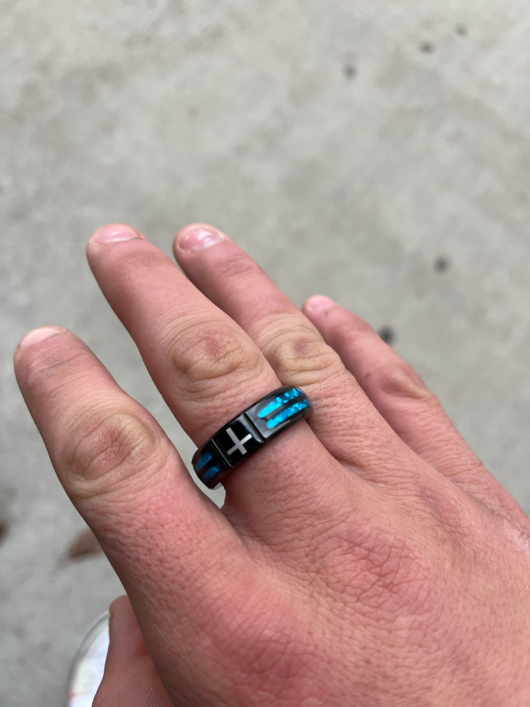 Customer photo review of FREE Today: Modern Titanium Steel Cross Ring with Laser Blue Inlay: Serenity in Christ's Blue Light