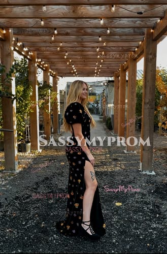 Customer photo review of Short Sleeve V Neck A Line Black Prom Dress With Slit