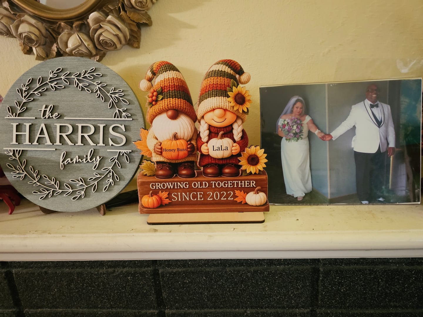 Customer photo review of Personalized "Growing Old Together" Gnome Plaque With Couple Names & Sunflowers Pumpkins Autumn's Warm Charm For Couple Gift For Grandparent