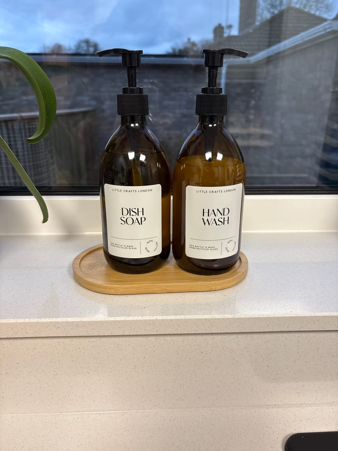 Customer photo review of Set of 2 Amber Glass Bottles (Black Plastic Pump) & Bamboo Tray